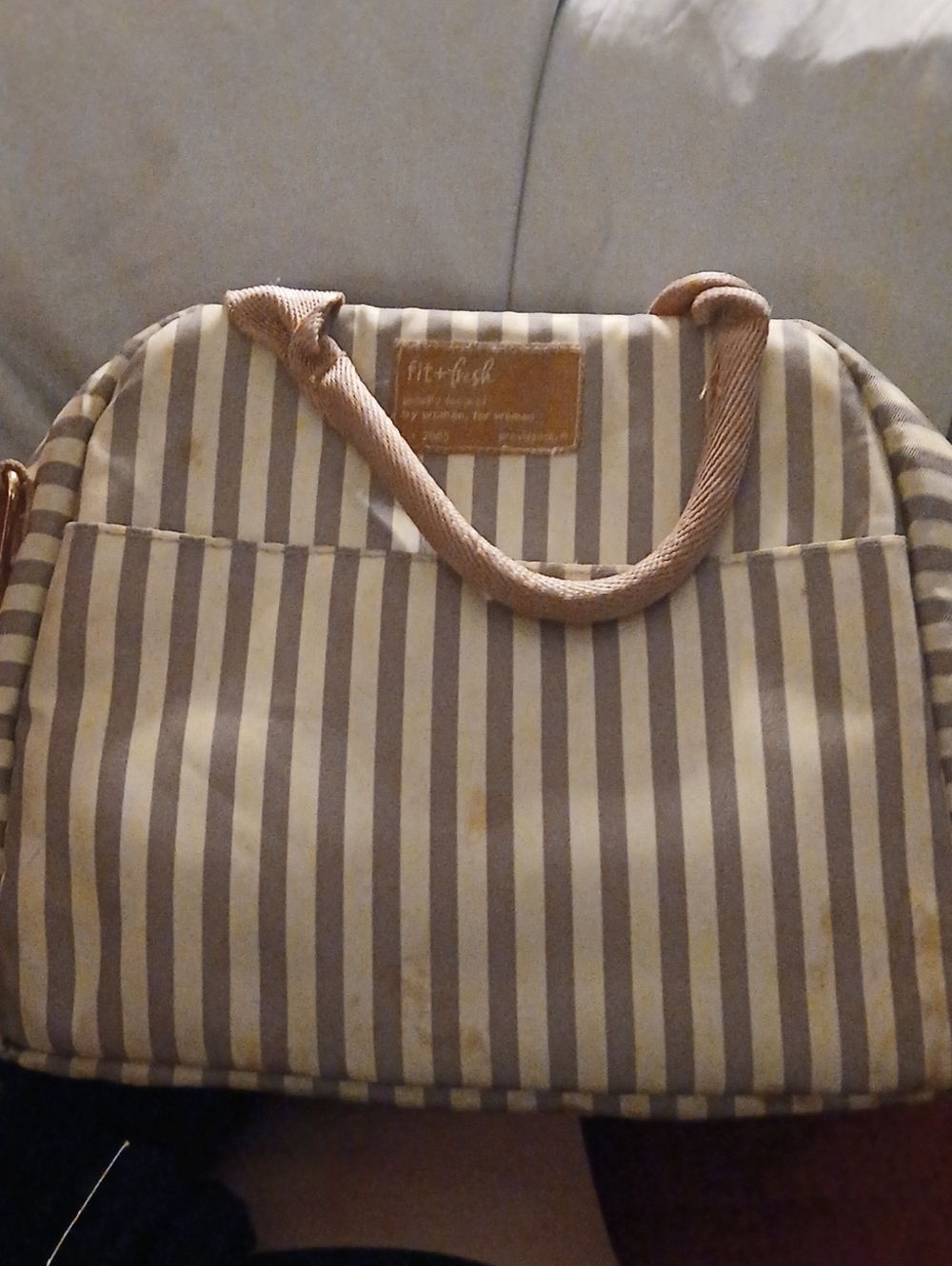 FIT & FRESH Striped Canvas LUNCH Bag with Rope Handles - Beige & White